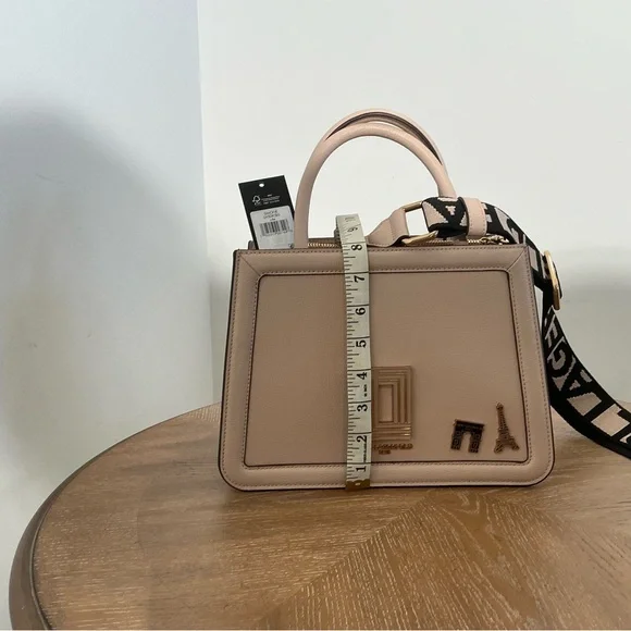 Karl Lagerfeld Paris Pink Structured Satchel Handbag with Logo Strap - Picture 3 of 5